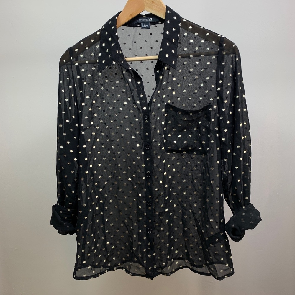 forever21 // sheer black button down w/ gold spots